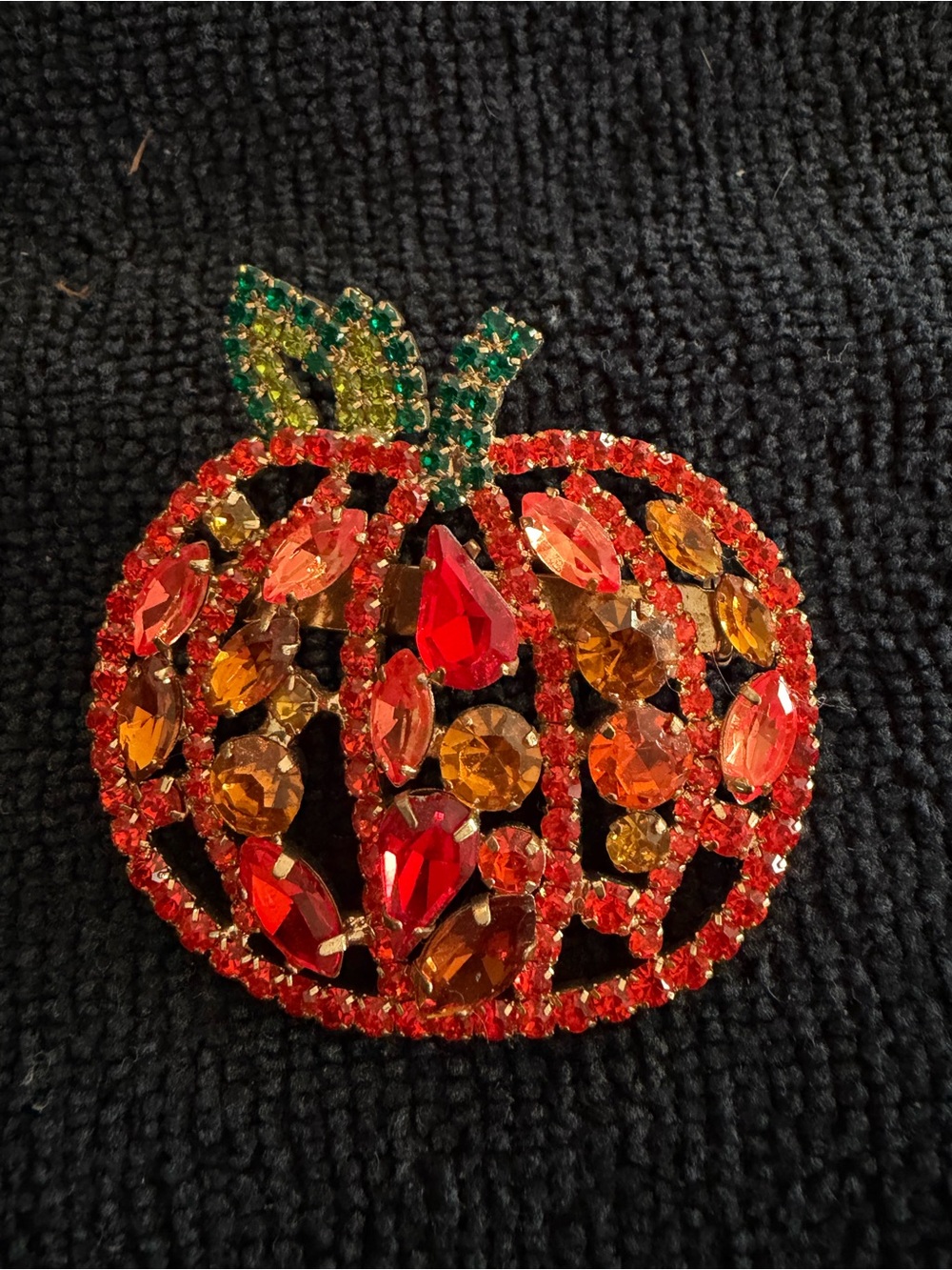 Vintage Rhinestone Pumpkin Brooch in Red, Orange & Green